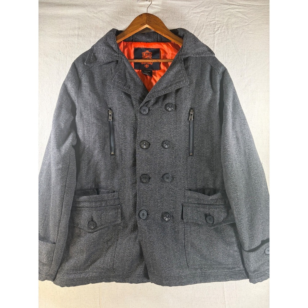 Rock Revival Pea Coat Mens Medium Grey Herringbone Wool Blend Double Breasted